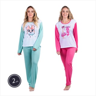 Promoção Kit 2 Pijamas Estampados Feminino Longo Inverno Moda Adulto Roupa De Dormir Confortável Colorida Para Revenda 314