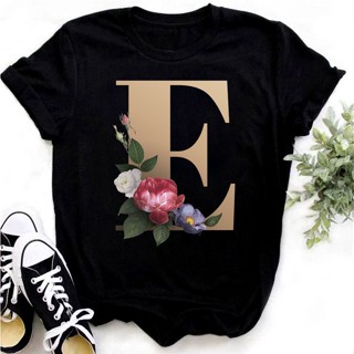Combinação de letra de nome personalizado Moda t-shirt feminina Fonte de letra floral E F G H Top de manga curta Vestido de t-shirt preto ou branco