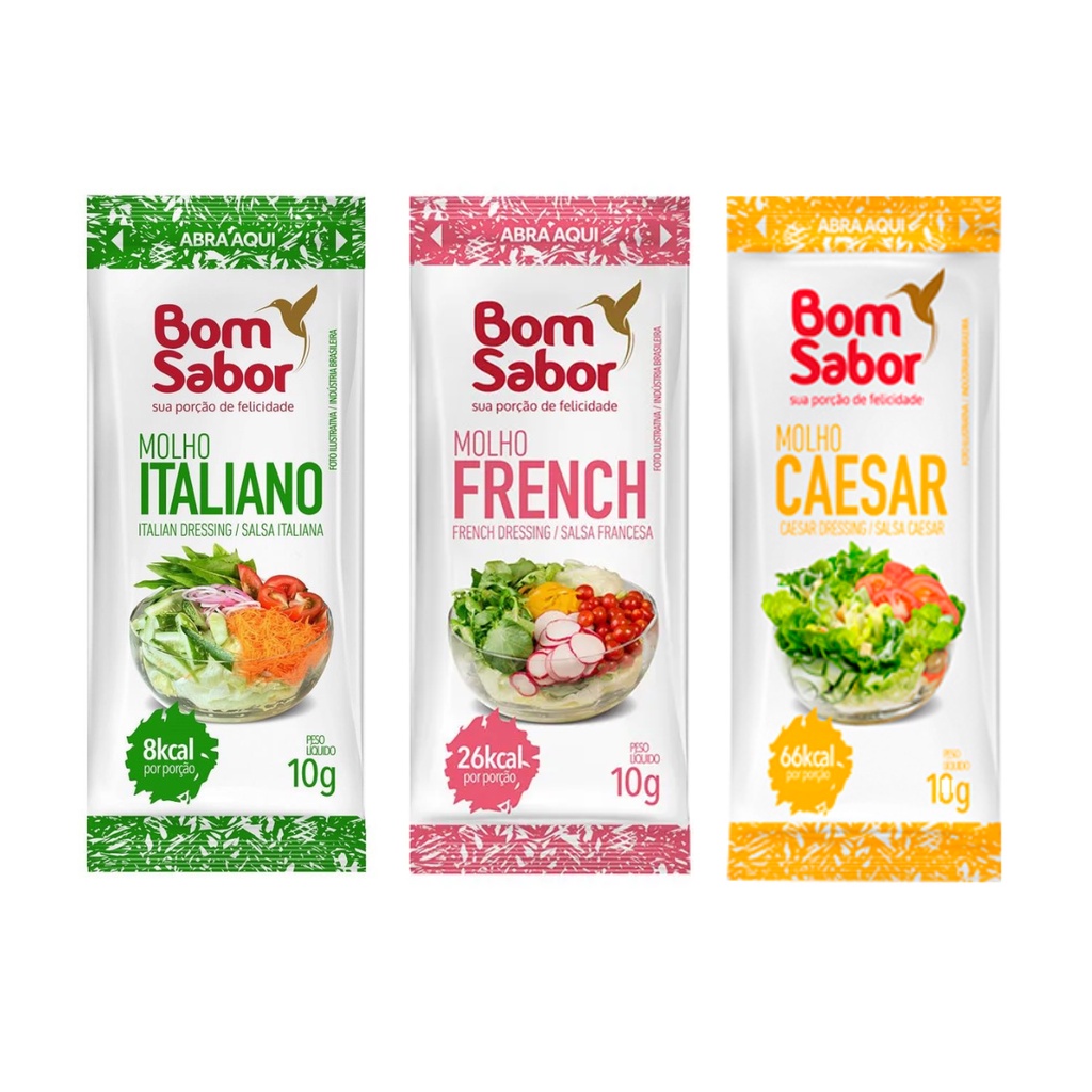 Molhos Salada Sachê Bom Sabor 10g Italian, French, Caesar - 10 Unidades