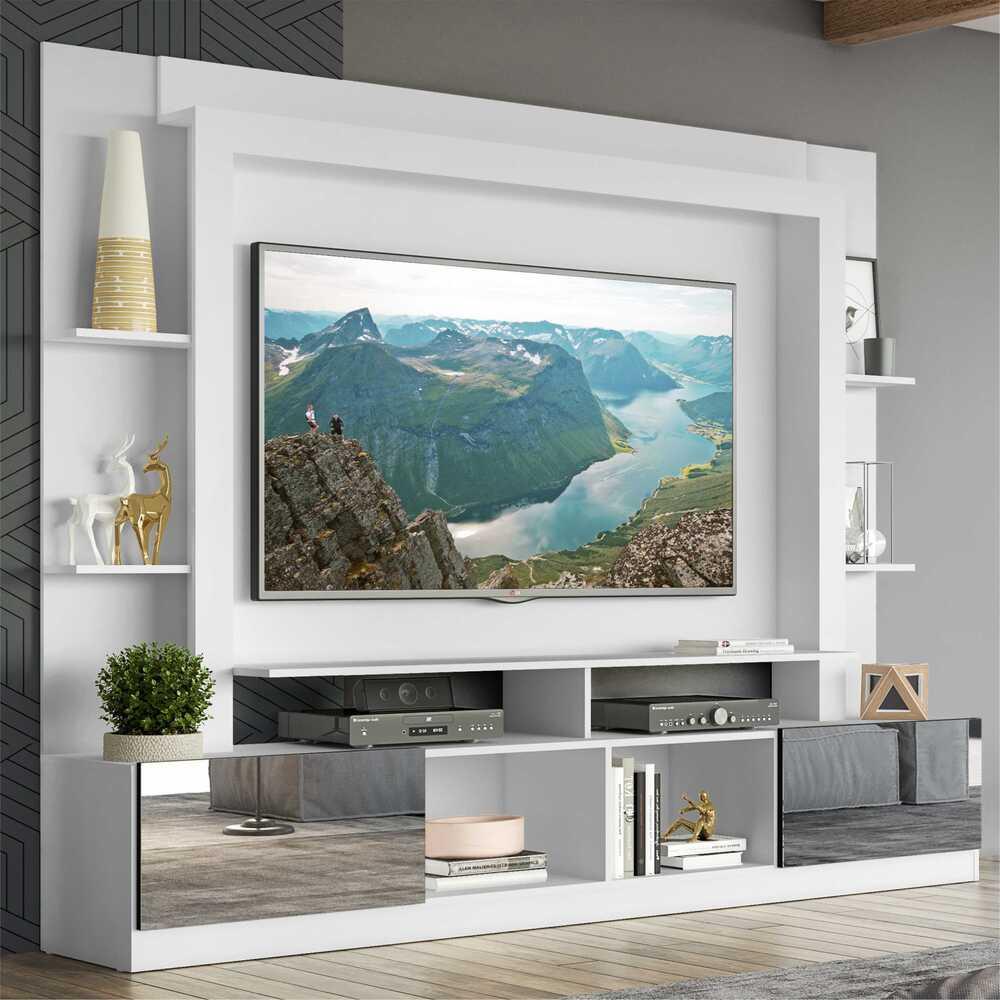Rack c/ Painel e Suporte TV 65" Portas c/ Espelho Oslo Multimóveis Branco/Preto em Oferta na Shopee