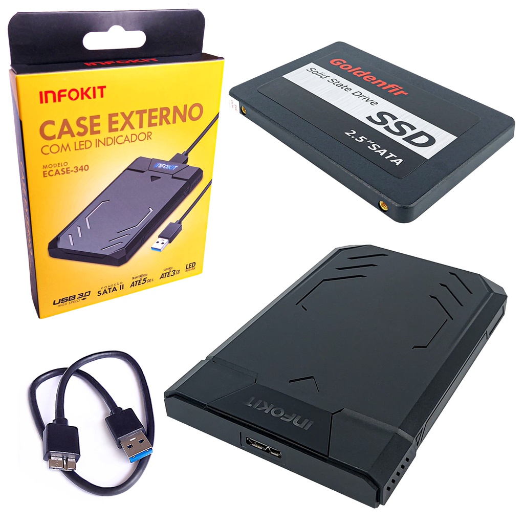 KIT Gamer SSD 120GB SATA Goldenfir 2.5 Polegadas com Case USB 3.0 Led e ...