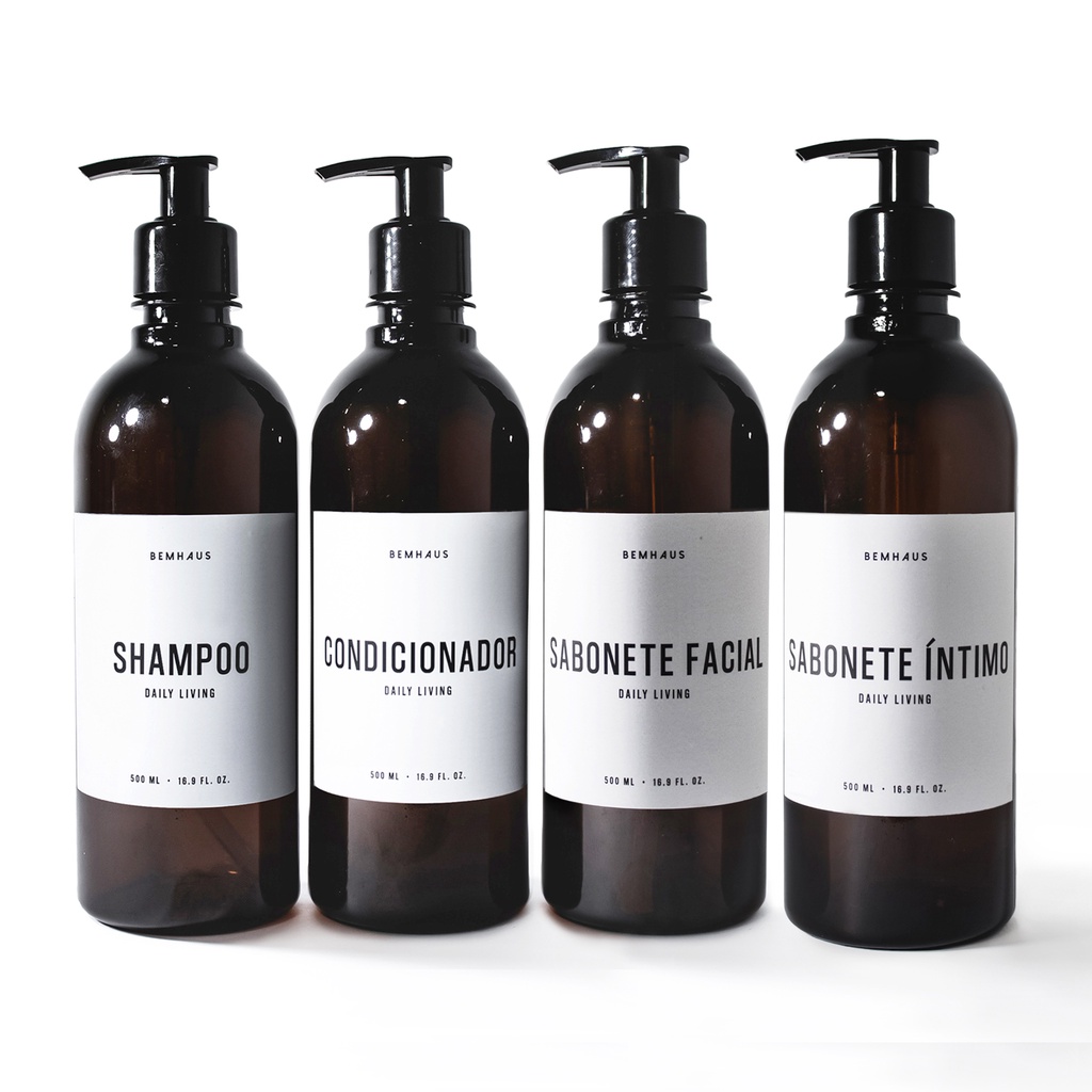 Pote Ambar 4 peças Frascos Dispenser Bemhaus Shampoo, Condicionador, Sabonete Íntimo, Sabonete Facial White