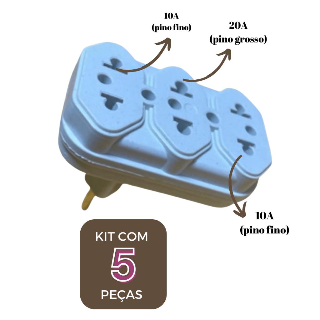 Kit 05 Tomada Adaptador 03 Saida Bivolt 10A 20A Pino Delocado 3D Power Benjamin Amperes Eletrico Pino Fino Grosso Adaptadores Tripolar Tres 03 buracos Pinos Plugue Branco Barato Top Lancamento Bivolt 110/220V Envio Imediato