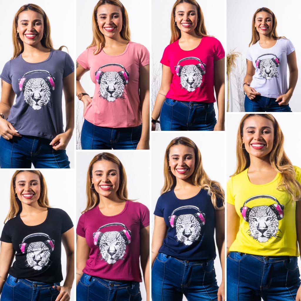 KIT 4 Blusas Femininas T-Shirt estampada Onça