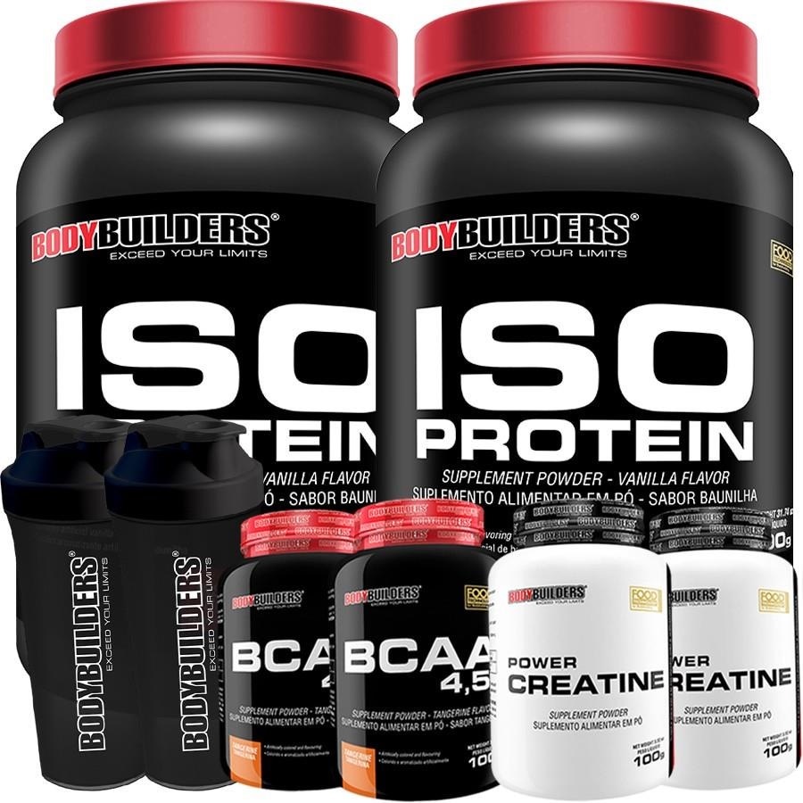 Kit 2x Iso Whey Protein 900g + 2x Creatina 100g + 2x BCAA 100g Tang + 2x Coqueteleira - Bodybuilders