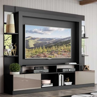 Rack c/ Painel e Suporte TV 65" Prateleiras c/ Espelho Oslo Multimóveis Preto/Lacca Fumê em Oferta na Shopee