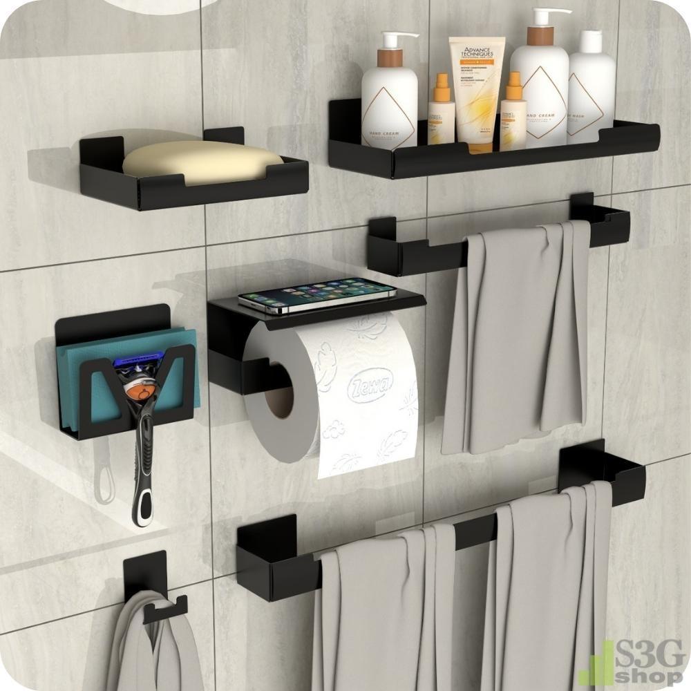 Kit Acessórios Para Banheiro Preto Adesivo 7pçs ELG
