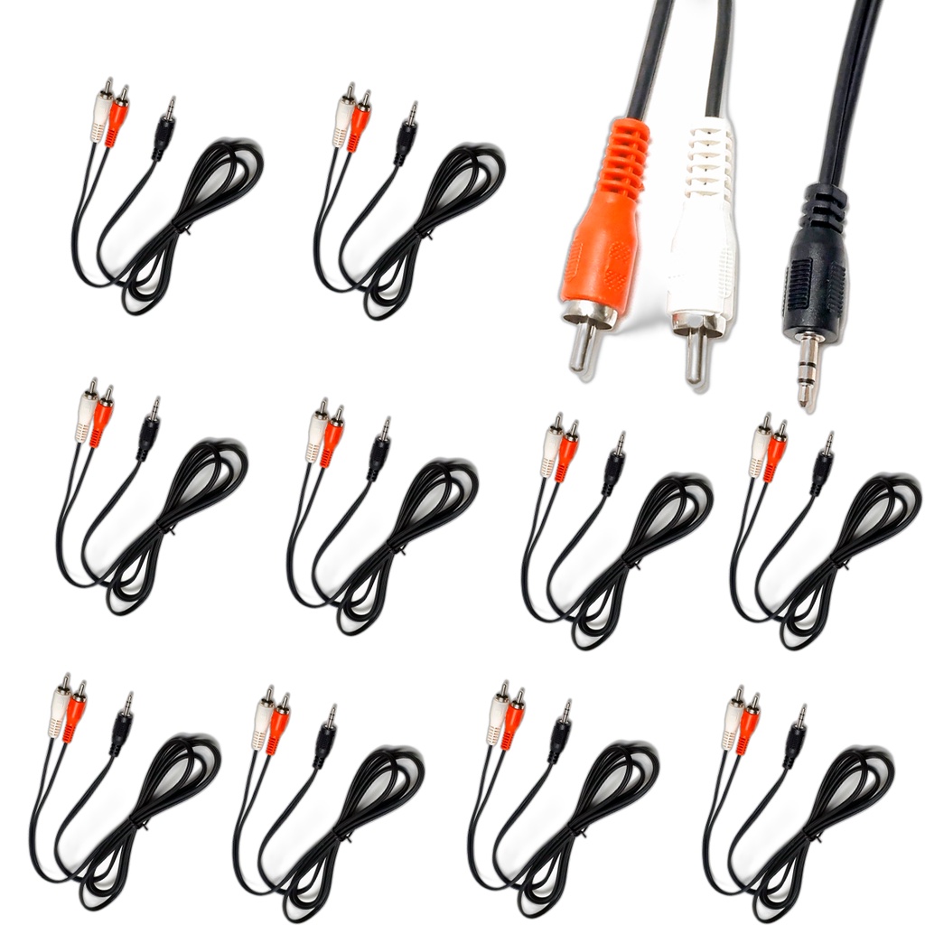 Kit 10 Cabo Auxiliar P2 Macho X Rca Macho Audio 1,8 metros P/ Som / Tv / Home Theater Audio Video Atacado