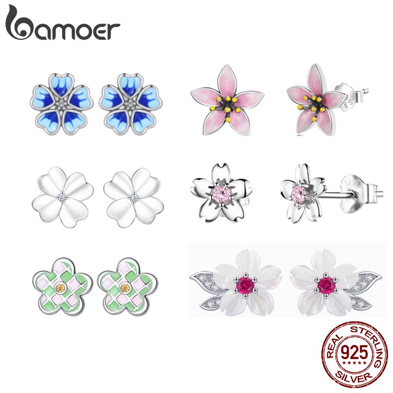 Brincos Bamoer 925 Prata Fresca Flores Padrão Pinos De Orelha Moda Joias Para Mulheres Meninas em Oferta na Shopee