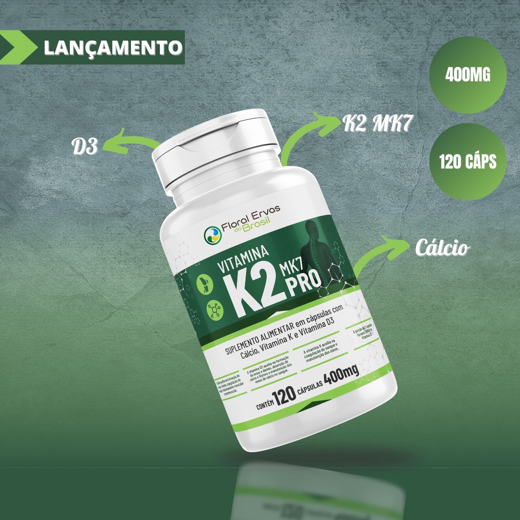 Vitamina K2 Pro Mk7 100mg 120 Cápsulas de 400 Mg MENAQUINONA - + Vt. D3 e Cálcio