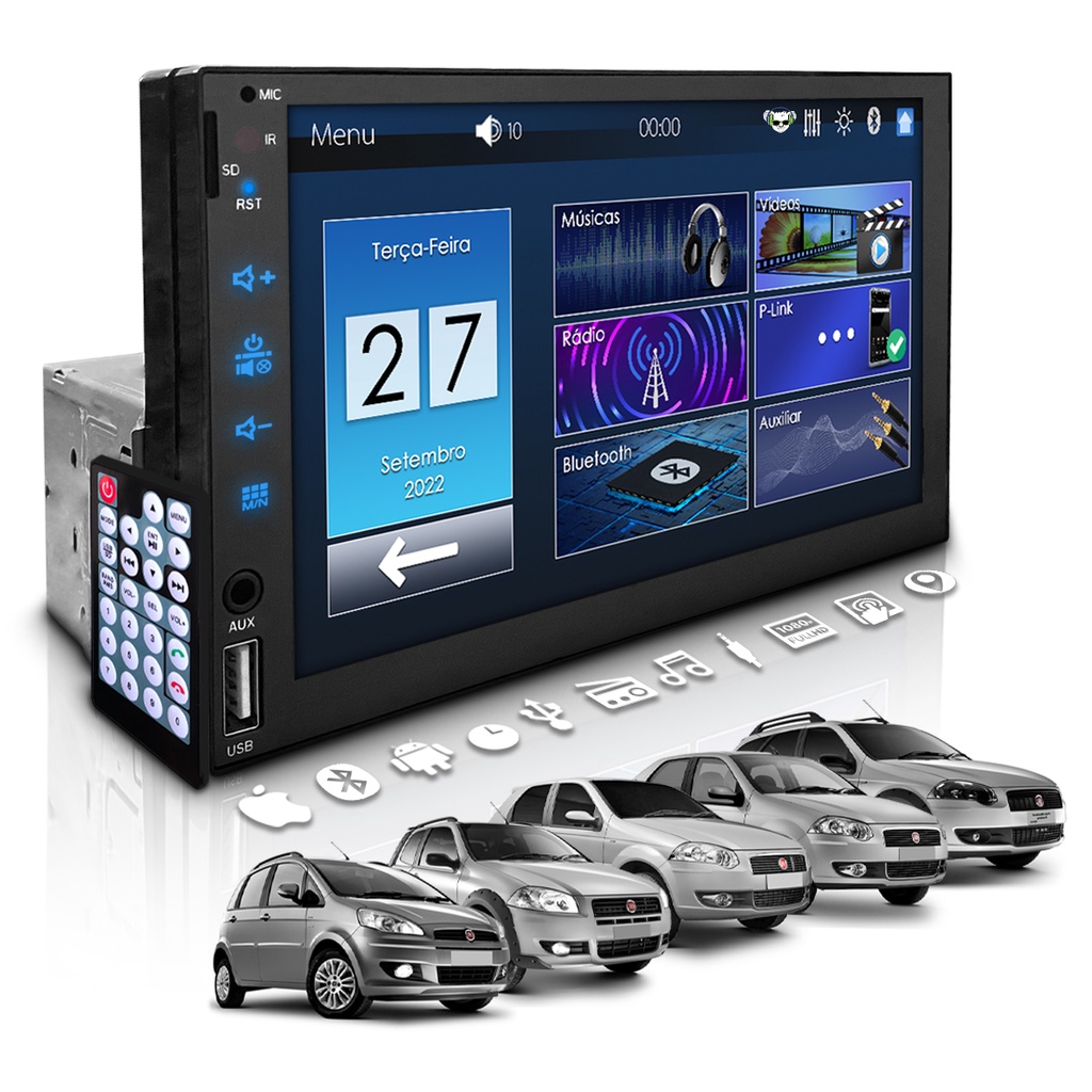 Central Multimídia Universal 1 Din Mp5 Bt Espelha Dvd Fiat Palio Strada Weekend Siena