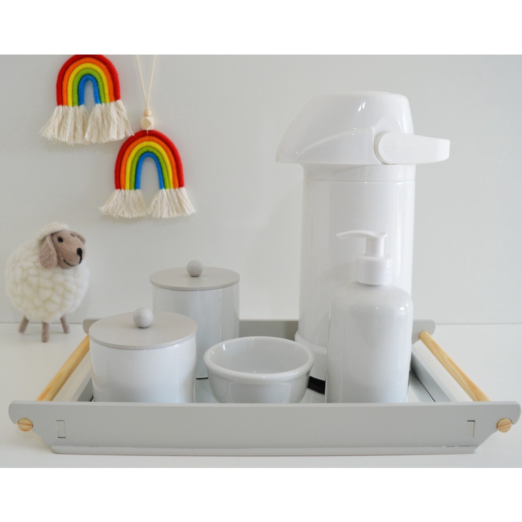 Kit Higiene Porcelana Bebê K157 Tampas MDF Bandeja Cinza Rosa Térmica Cuidado Banho Bancada Potes Algodão Cotonete