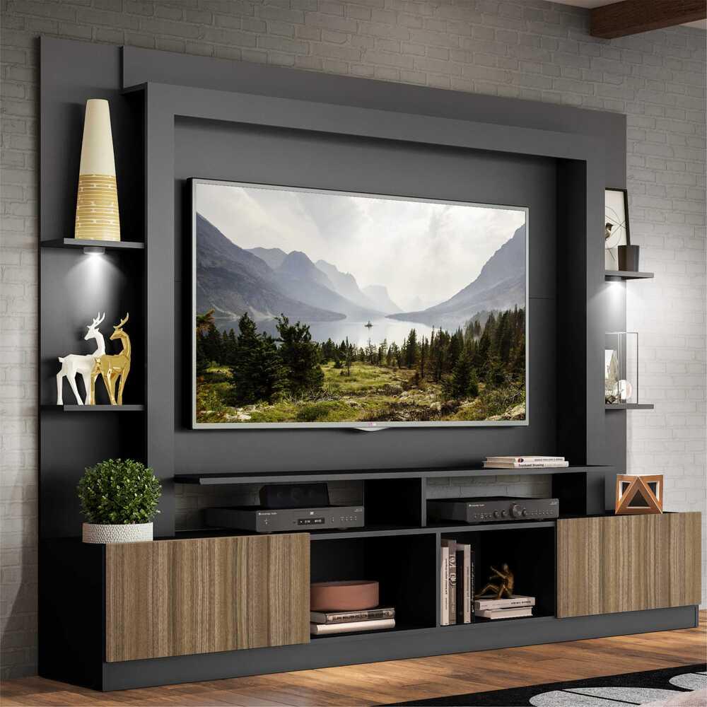 Rack Estante TV 65" com Leds Berlim Multimóveis Preto/Madeirado em Oferta na Shopee