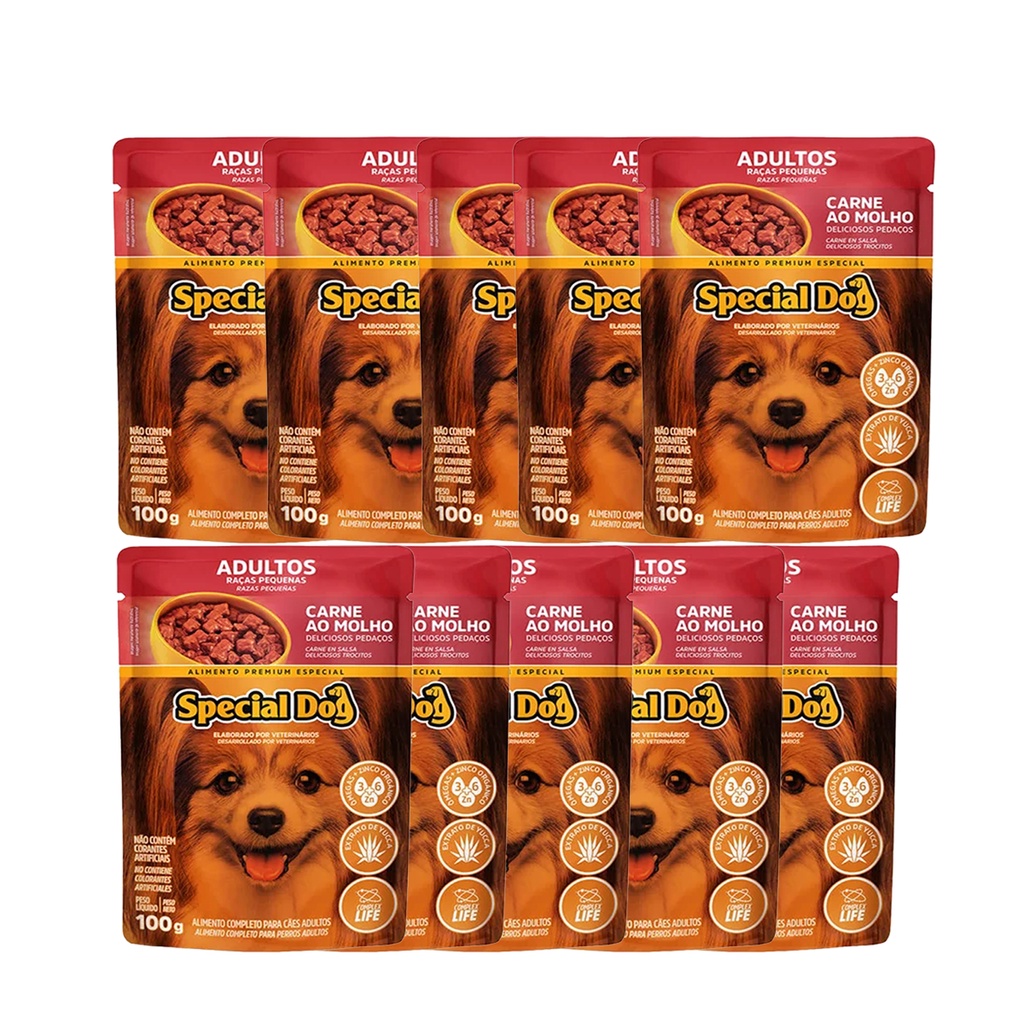 Kit 10 Ração Special Dog Sachê Cães Raças Pequenas Carne - 100g em Oferta na Shopee