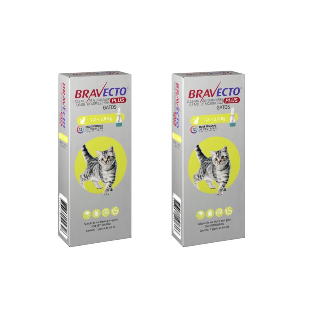 2 Bravecto Plus Gatos 1,2 A 2,8 Kg Transdermal Com Vermifugo