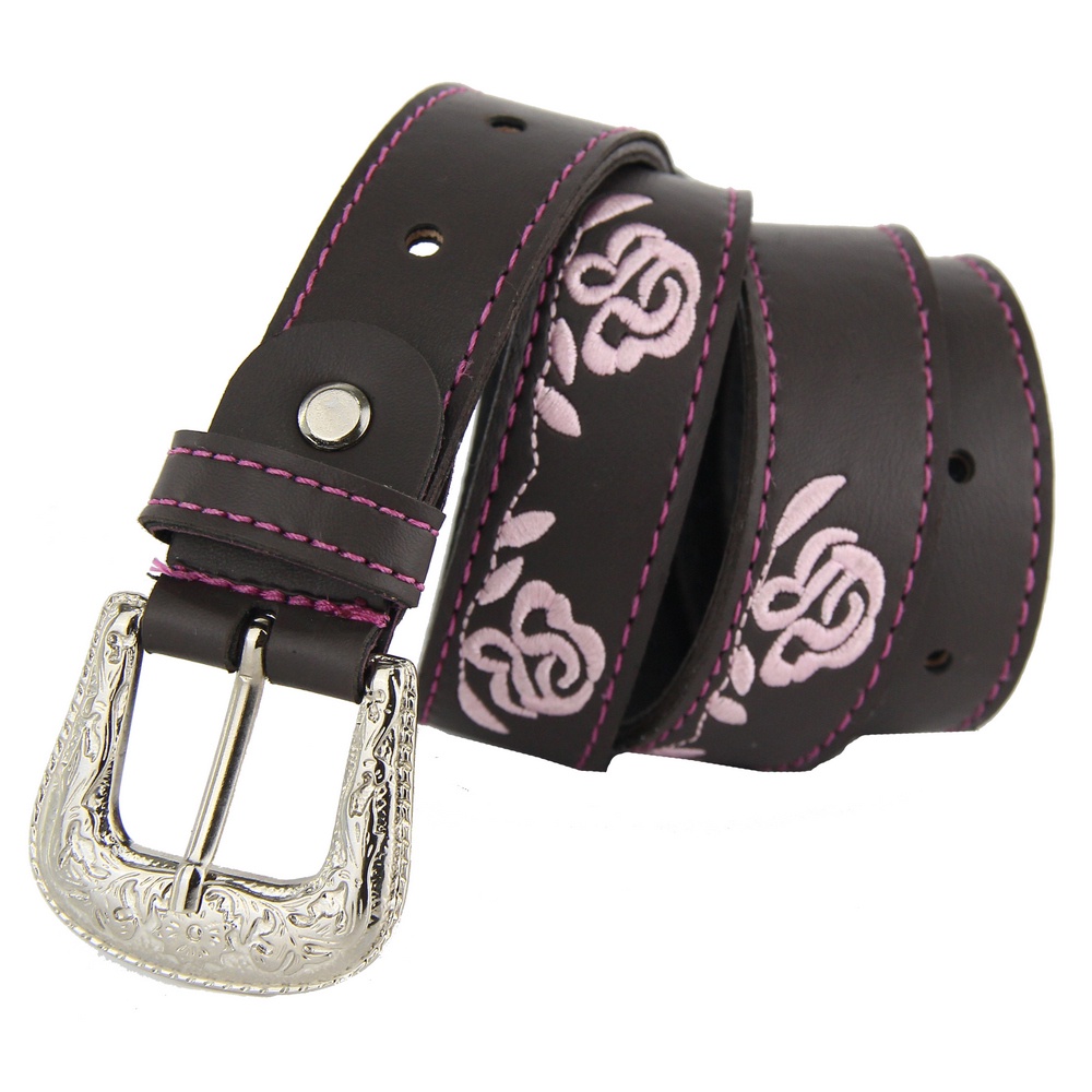 Cinto Bordado Infantil de Couro Fivela de Metal Rosa
