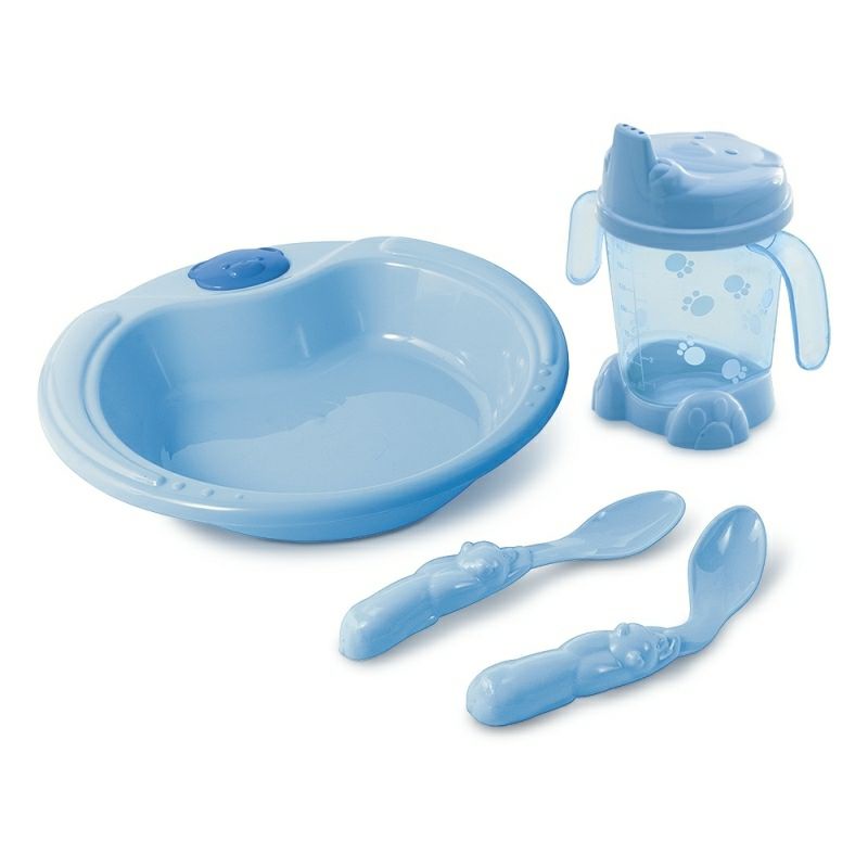 Kit Alimentação Ursinho 4 peças - Copo + Prato + 2 Colheres Adoleta Bebê (Azul)