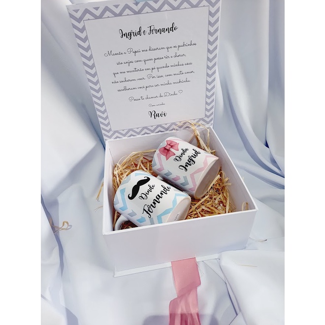 Kit de Caixa Convite e Duas Canecas para Padrinhos Casamento ou Batizado