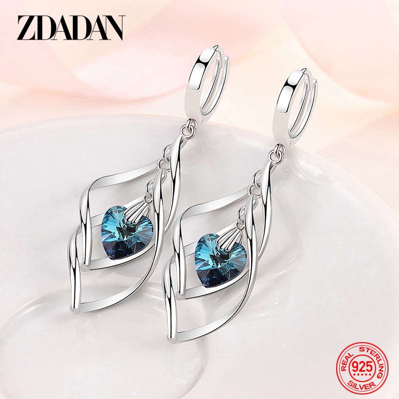 ZDADAN 925 Brincos De Cristal Azul Oco Longo Para Mulheres Moda Jóias De Casamento Presente em Oferta na Shopee