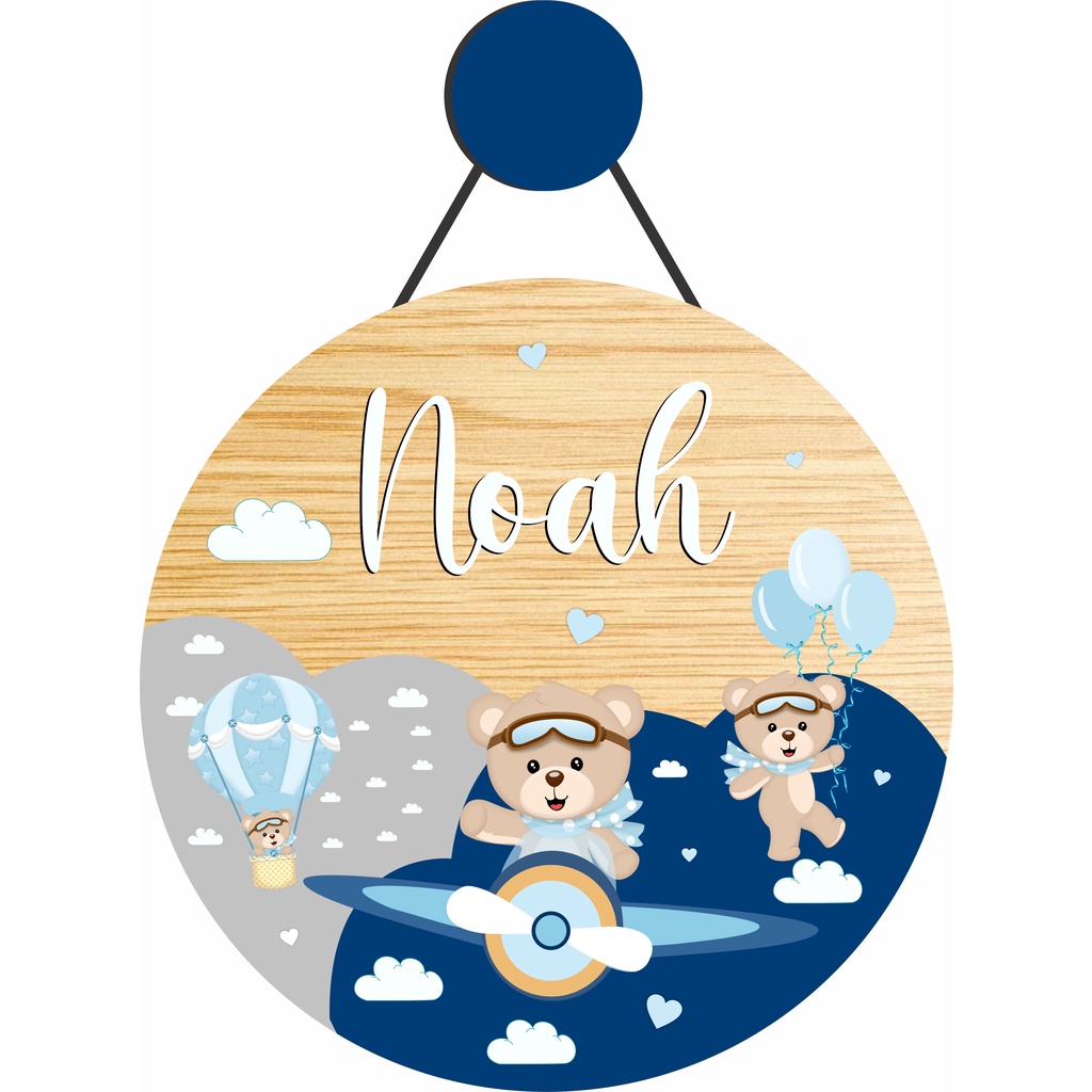 Enfeite Porta Maternidade Urso Aviador, Avião, Urso Baloeiro, Balão - Nome personalizado - GUIRLANDA