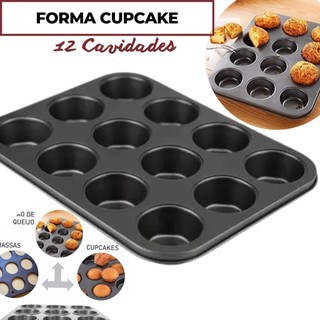 Forma de Cupcake Antiaderente 12 cavidades  Aço Carbono  35 X 26,5 cm  Várias cores  REF 10622