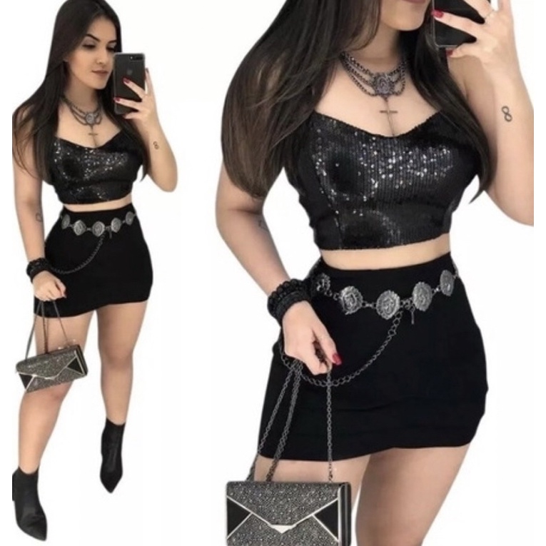 Conjunto Feminino Cropped Paetê Brilho Saia Curta Justa Moda