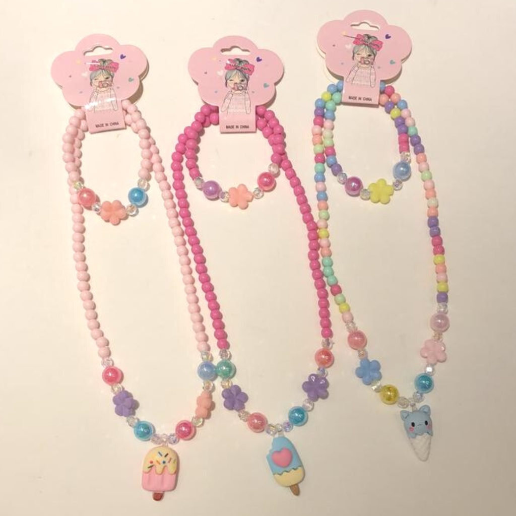 Conjunto Pulseira e Colar Infantil Rosinha Com Miçangas