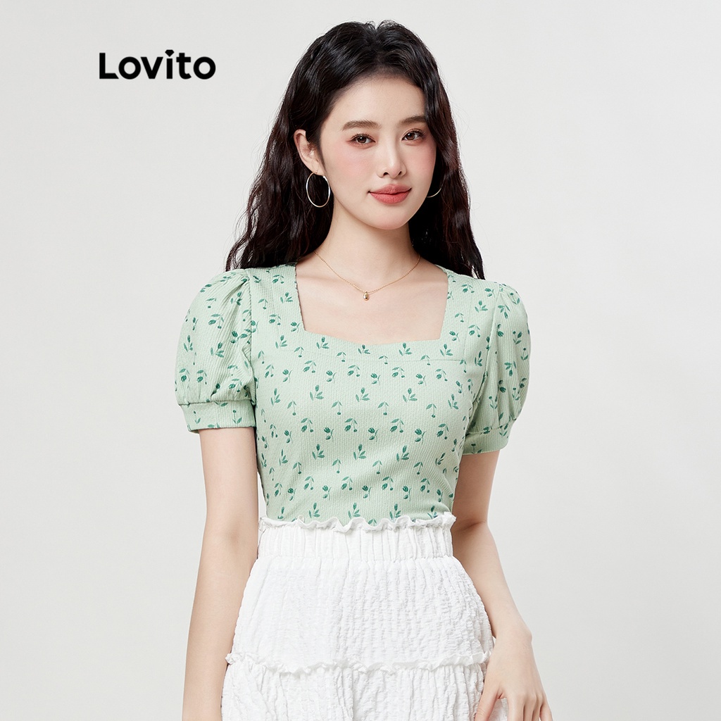 Lovito Camiseta Feminina Casual Estampa Floral Decote Quadrado Manga Bufante L33ED008 (Verde Claro)