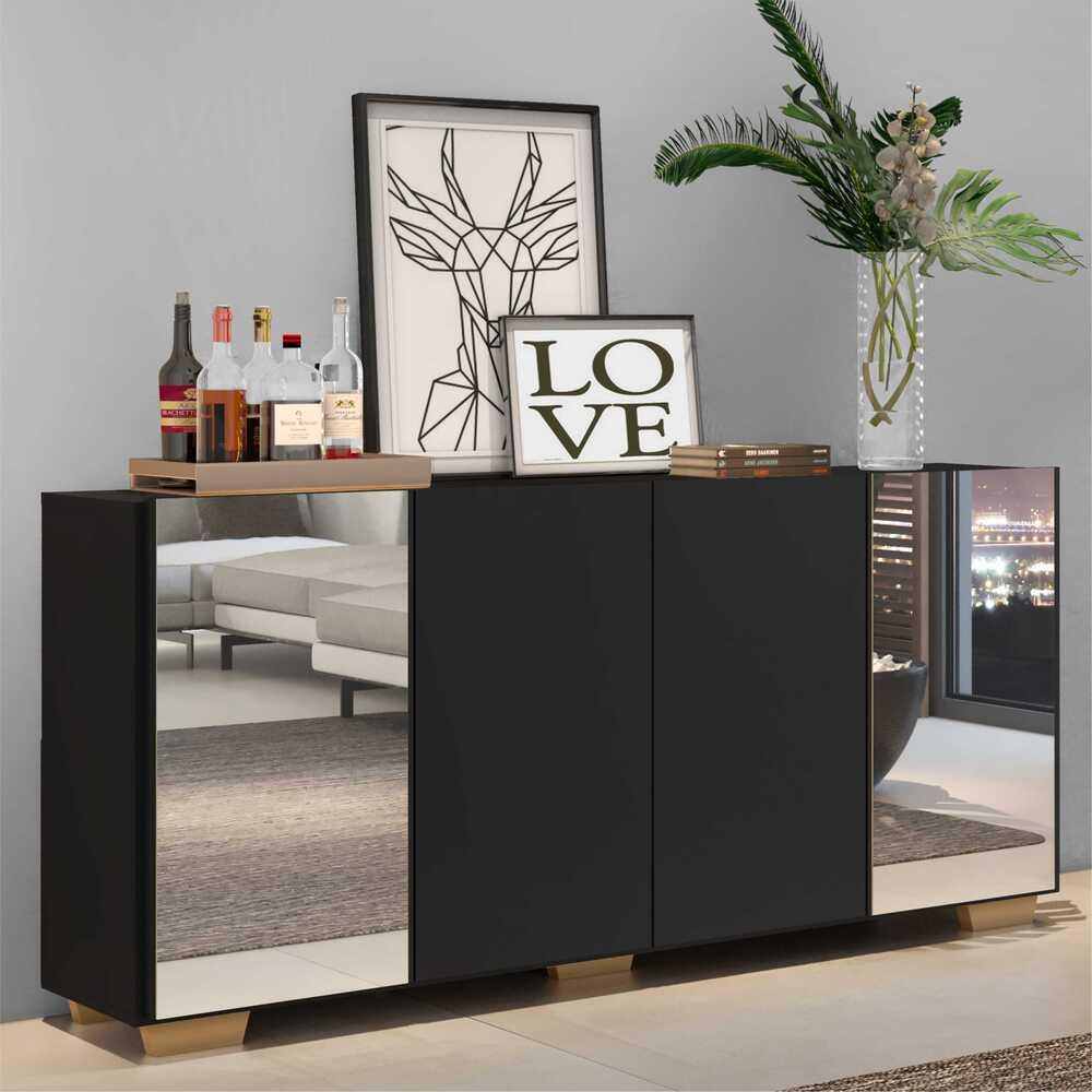 Aparador Buffet c/ Espelho e Pés Quadrados Vegas Multimóveis Preto/Natural em Oferta na Shopee