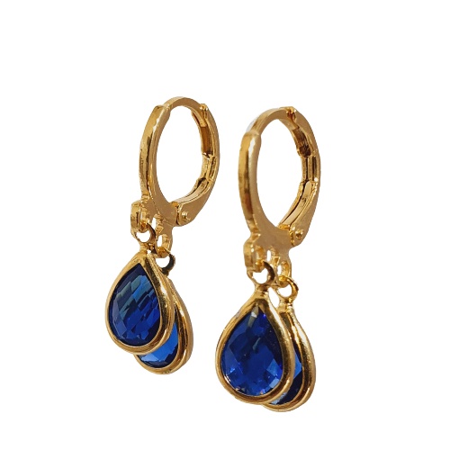 Brinco Argolinha Duas Gotas Azul Royal Folheado A Ouro 18k