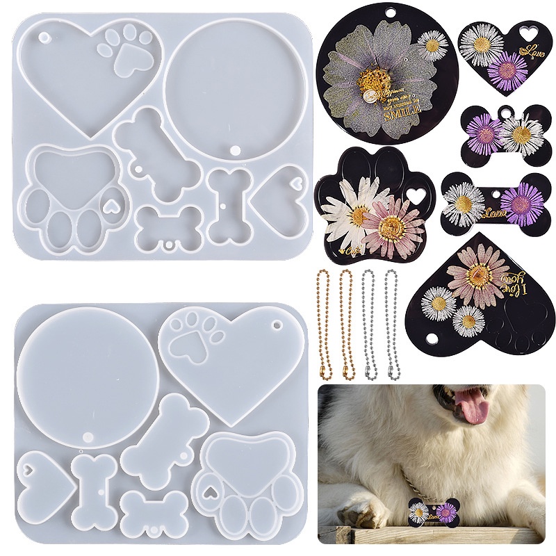 Molde De Resina Epóxi De Cristal Em Forma De Osso De Coração Com Furo Para Gatos De Estimação Colar De Enfeites De Silicone DIY Presente Animais