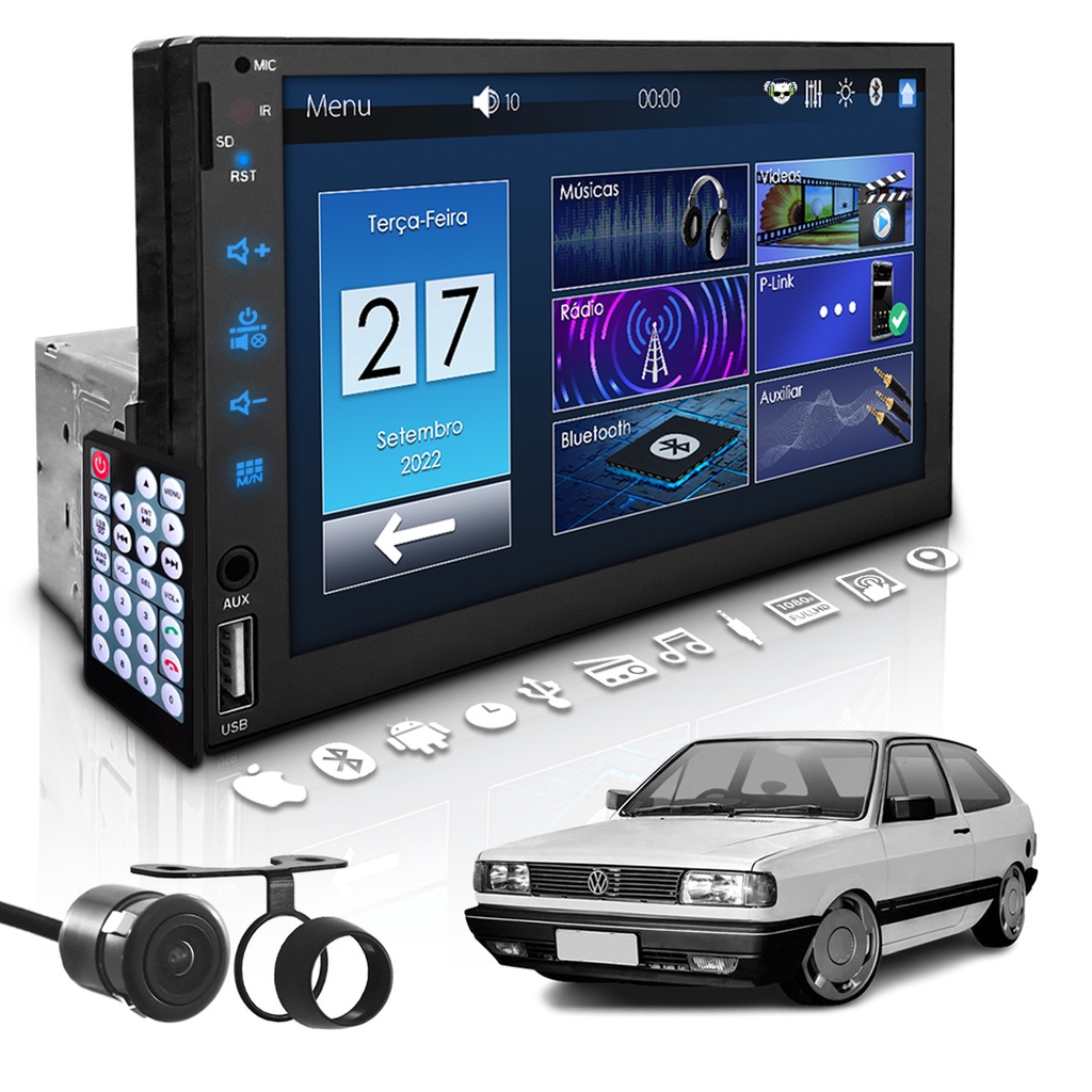 Central Multimídia Universal Mp5 Bt 1 Din 7 Espelha Dvd Câm Gol Quadrado
