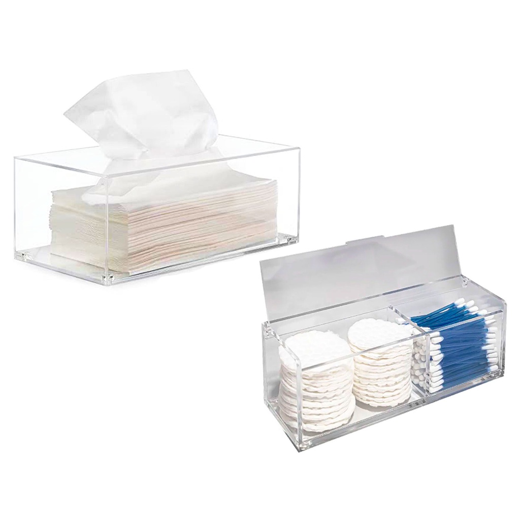 Kit Caixa Porta Lenços De Papel Em Acrílico + Porta Algodão cotonete com tampa articulada acrílico Cristal