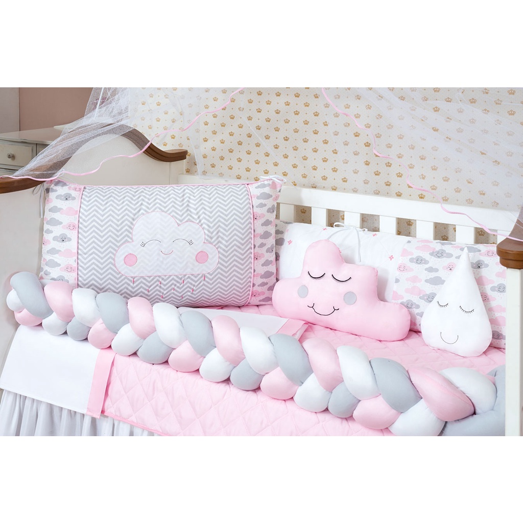 Kit Nuvem Trança Mini Berço Nuvem Rosa Menina Completo 10 Peças