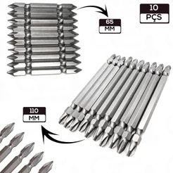 Kit Jogo Bits Para Parafusadeira Imantada Com 10 Pontas Phillips - Philips Dupla 65mm Ou 110mm