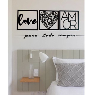 Kit 3 Quadros Decorativos Love Coração Geométrico Amor + Frase Para Todo Sempre MDF 3mm Promoção