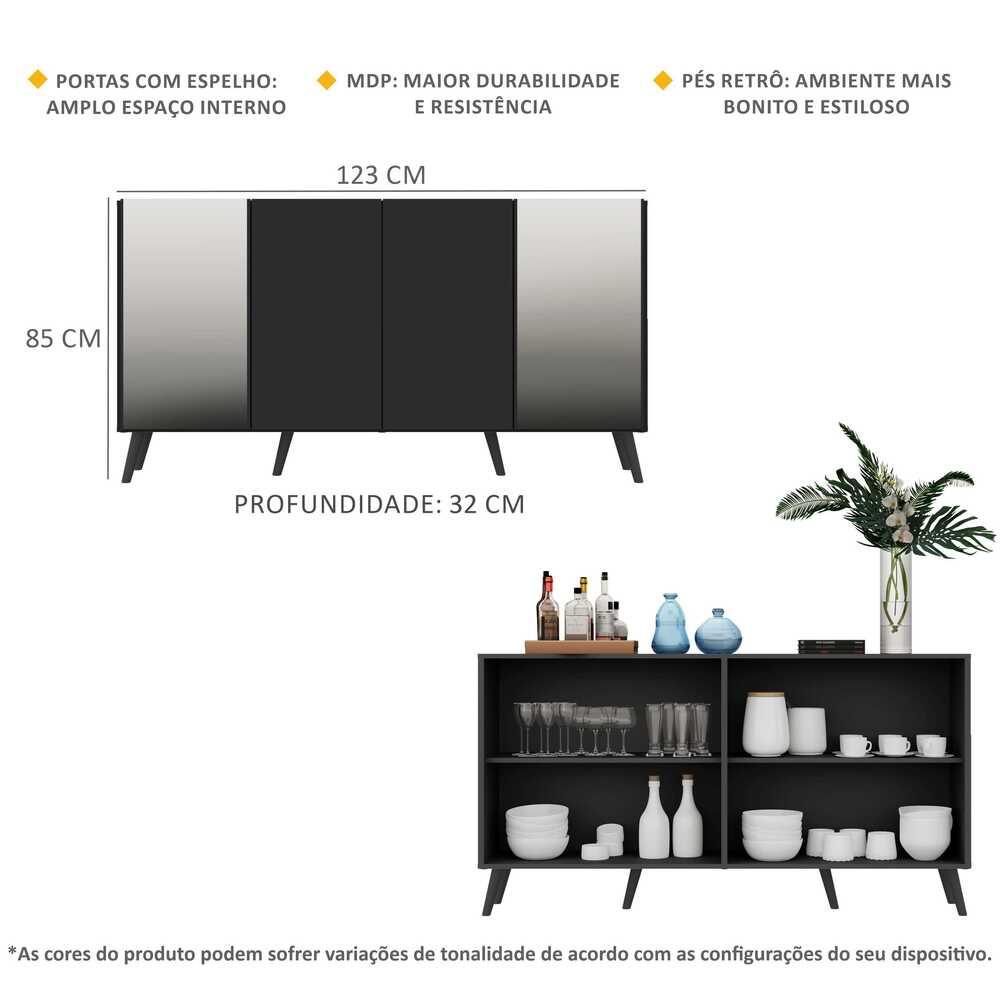 Detalhes do Aparador Buffet Retrô com Espelho Multimóveis Vegas FG3562 Preto