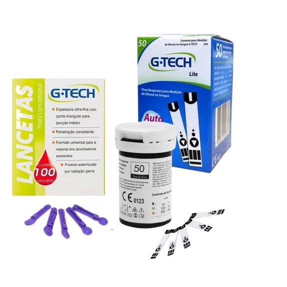 50 Fitas Tiras Reagentes G-tech Lite Glicemia +100 Lancetas
