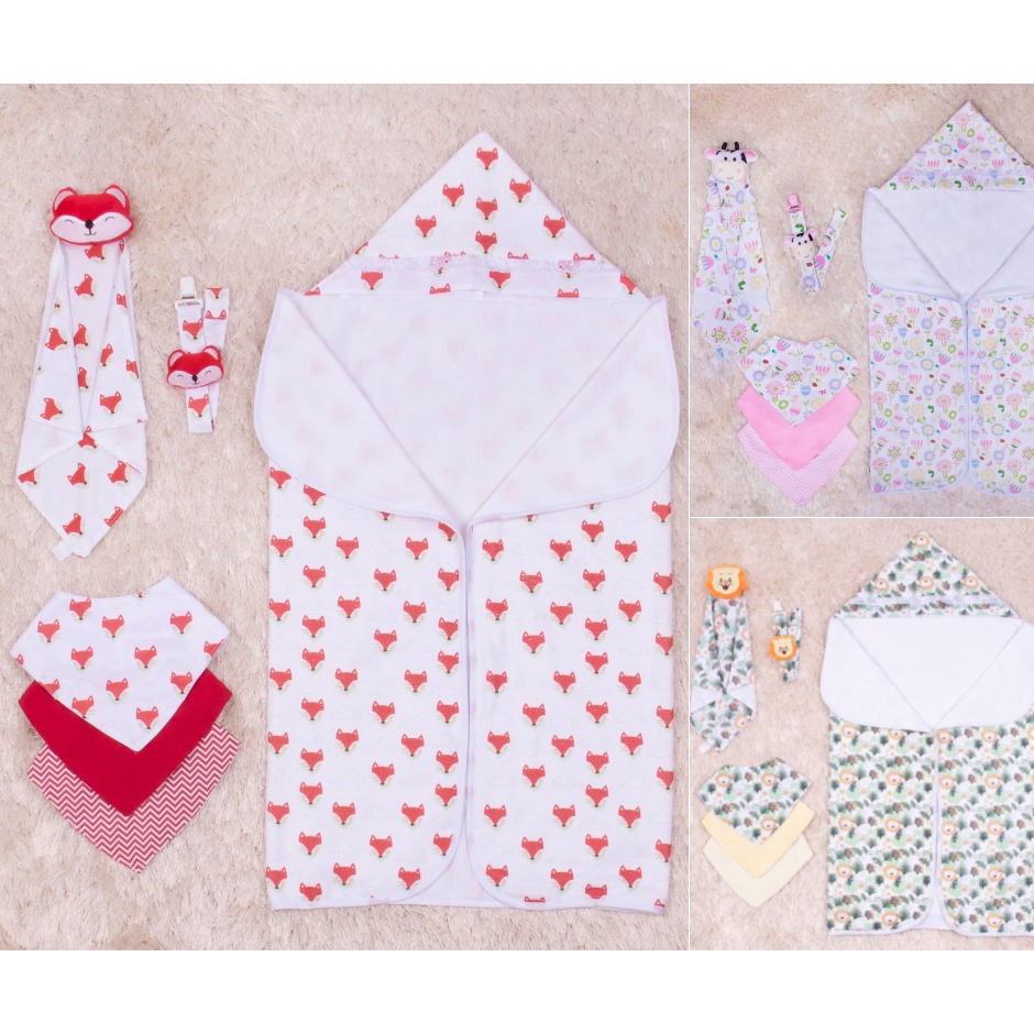 Kit para Bebê 6 peças Naninha + Prendedor de Chupeta + Trio Babadores + Toalha de Banho