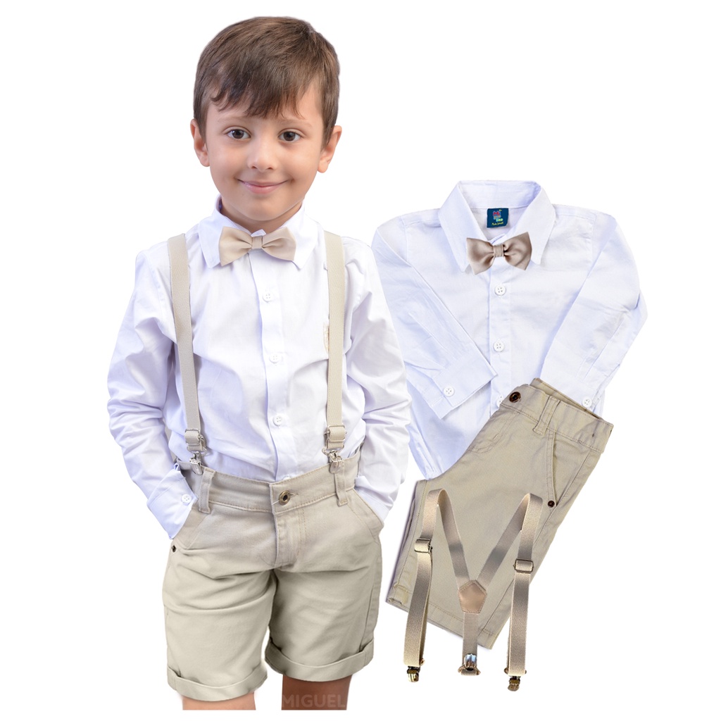 Conjunto Infantil Social Bebe Camisa Manga longa Branca e Bermuda Bege