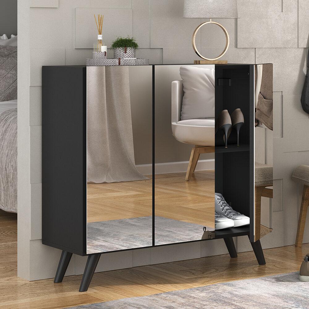 Sapateira Retrô com Espelho 3 Portas Nina Multimóveis MP6022 Preta em Oferta na Shopee