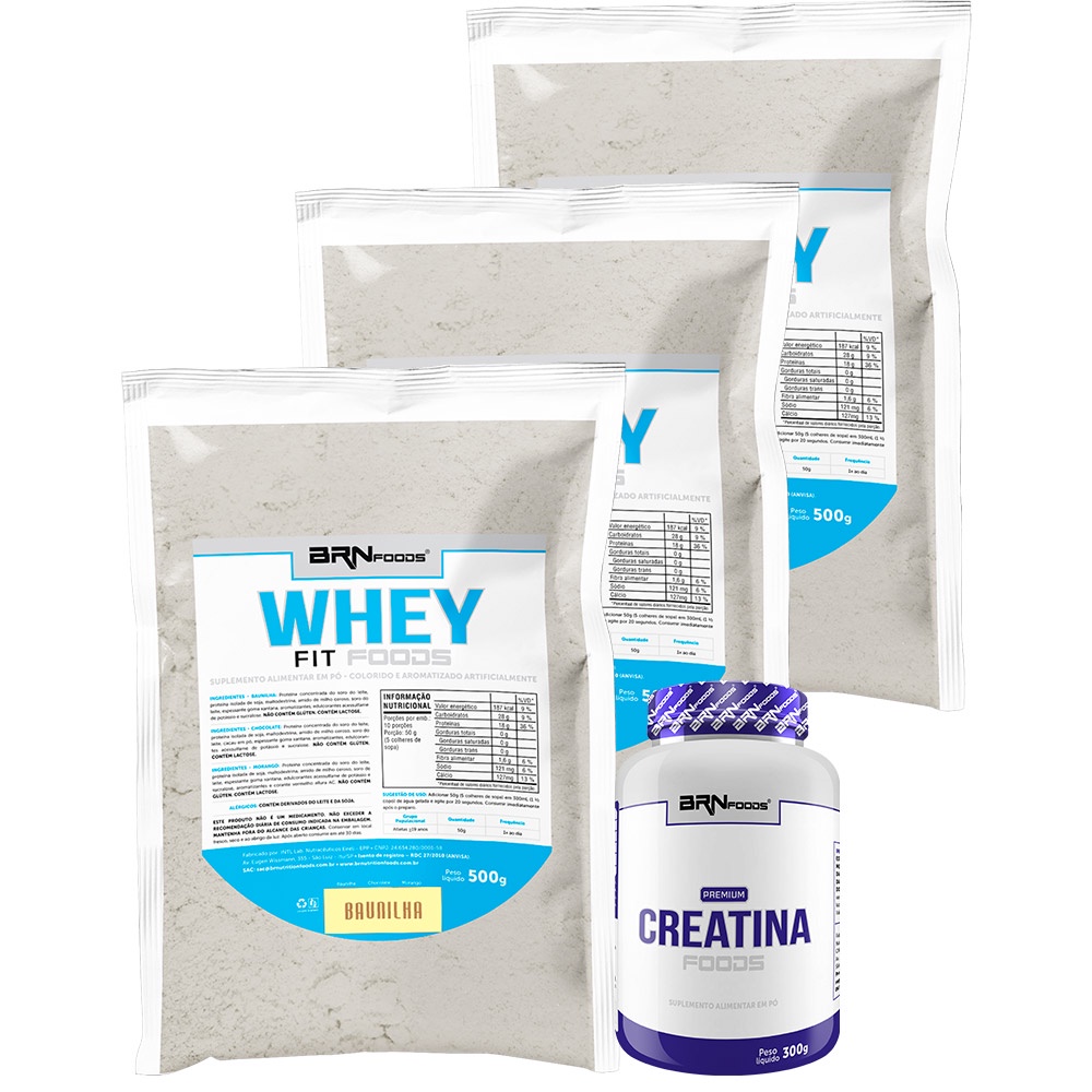 Kit 3x Whey Protein Concentrado em Blend Proteíco 500g + PREMIUM Creatina 300g - BRN Foods Kit para atividades físicas e academia