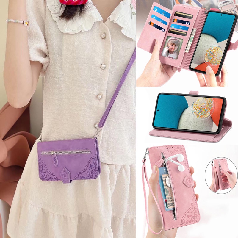 Capa Para Samsung Galaxy A27 A57 A27 A08 A18 A07 A17 A56 A36 A26 A06 A16 A37 5G 4GFlower Em Relevo Flip Folio Zíper Cart
