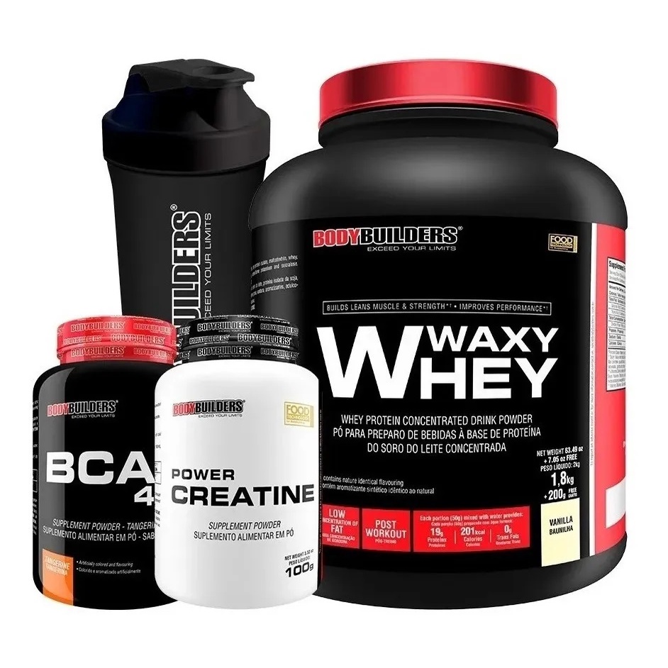 Kit Waxy Whey Protein 2kg + BCAA 4.5 100 gr + Power Creatine 100g + Coqueteleira – Bodybuilders