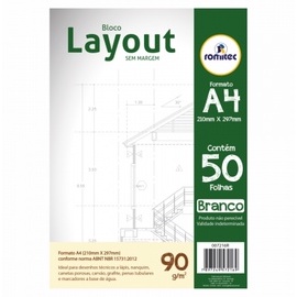 Bloco Desenho Branco Grande A4 Layout 50 Folhas Sem Margem 90g Romitec para Engenharia e Arquitetura