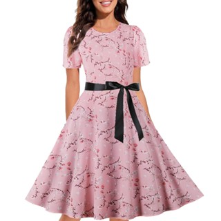 Vestido De Festa Retro Estampa Manga Curta Pescoço Redondo Altura Do Joelho Vestidos Femininos