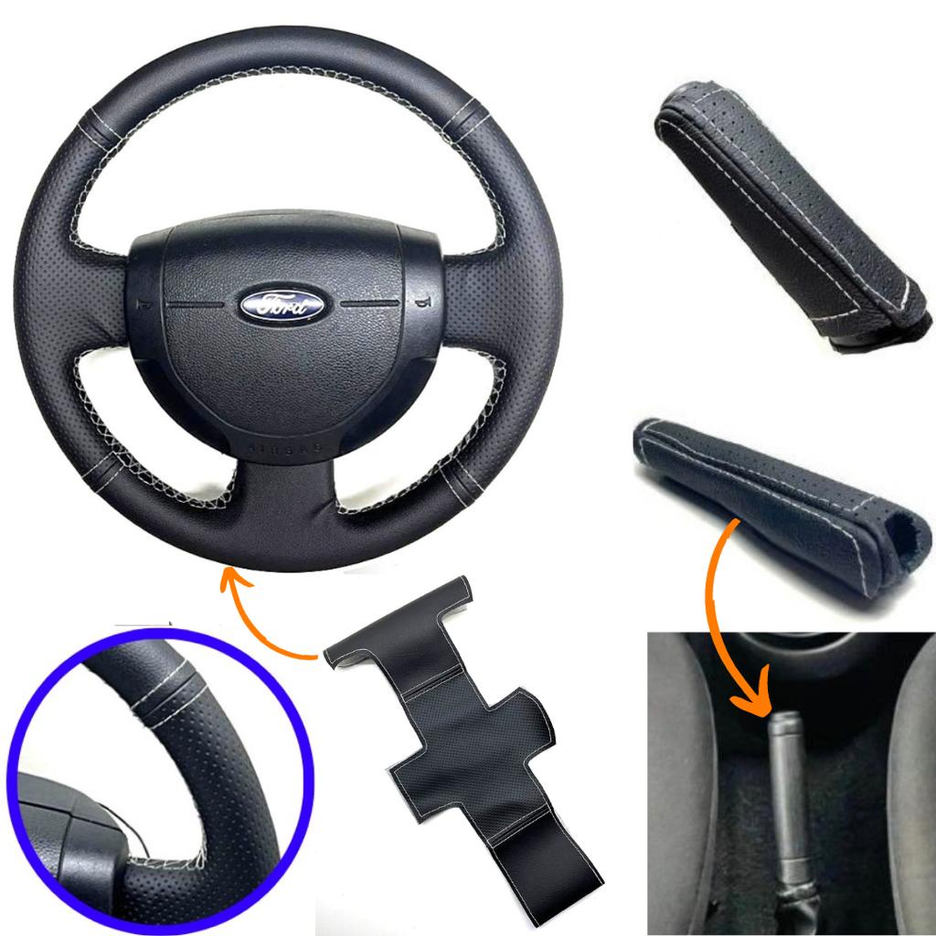 Kit capas couro Manopla DO Freio e revestimento do volante Ford Fiesta 2008 2009 2010 2011 2012 2013 2014