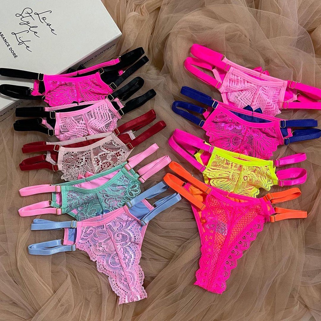 Kit Calcinhas Lingerie Em Tiras Duplas Em Renda Neon Colorida Sexy