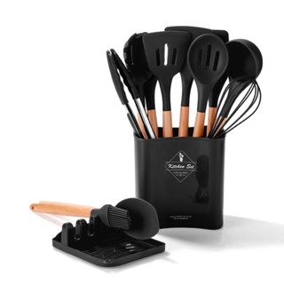 Kit 13 Utensílios Cozinha Silicone Cabo Madeira Com Suporte Colher