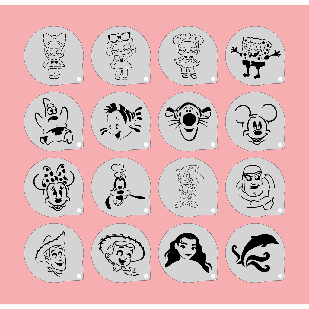 Stencil Personagens (8) Infantis Kit 16 Moldes 7x7cm